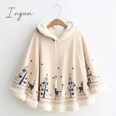 Ingvn - Lolita Cloak Harajuku Hoody Cloak Japanese Angry Cat Christmas Deer Fleece Cape Loose Pullover Batwing Sleeve Hoodie Coat