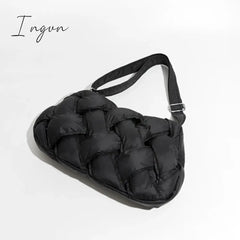 Ingvn - Black Woven Design Padded Shoulder Hobo Bag Cotton Down Crossbody Puffer Purse Big Women Winter Sling Handbag