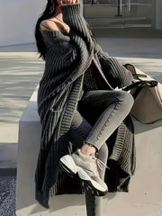 Plus Size Solid Color Knitted Open Front Cardigan, Long Sleeve Casual Pockets For Fall & Winter, Women's Clothing