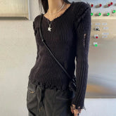 Hole Style Pit Strip Sweater Female Solid Color Pullover O-collar Streetwear Top Vintage Y2K Clothes Sueters De Mujer