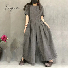 Ingvn - Jumpsuits Women Cotton Linen Short Sleeve Playsuits One Piece Outfit Women Lace-up High Waist Wide Leg Pants Overalls for Women
