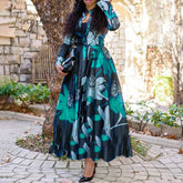 Ingvn - Women Vintage Floral Printed Long Sleeve Summer Dress Retro Plus Size Office Maxi Vestidos Elegant Ladies Party Long Shirt Dress