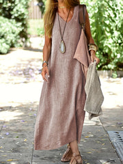 Solid Color V-Neck Maxi Dress - Fashionable Sleeveless & Loose Fit - Perfect for Summer & Spring - Womens Casual Everyday Wear