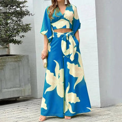 Ingvn - Autumn Sweet Printed Women Two Piece Sets Fashion Long Sleeves V Neck Cropped Tops Sexy High Waist Wide Leg Pants Elegant Suits