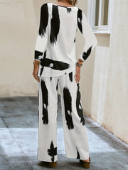 Plus Size Casual Outfits Two Piece Set, Women's Plus Brush Print Long Sleeve Round Neck Top & Wide Leg Pants Outfits 2 Piece Set