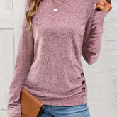 Button Decor Ruched T-Shirt, Casual Long Sleeve Top For Spring & Fall, Women's Clothing