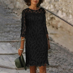 Ingvn - Fashion Trends Embroidered Dress Half Sleeve Casual Dress Sexy See-through Patchwork Lace Party Dress Women Fashion O Neck Loose Pullover Dress