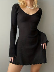 Stylish Solid Lettuce Trim Crew Neck Long Sleeve Dress - Elegant Women's Clothing for Everyday Wear - Comfortable, Relaxed Fit, Versatile, and Chic