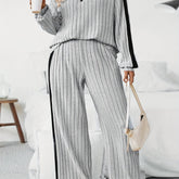 Stylish Plus Size Co-ords - Ribbed Half Zip Long Sleeve Sweatshirt and Wide Leg Pants Outfits for Women - Casual, Comfortable, and Chic Clothing Set for Curvy Figures