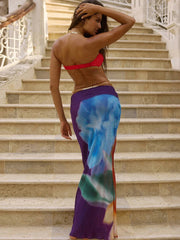 Colorful Beach Sexy 2 Piece Set Women Swimsuit Starfish Buckle Tube Tops+Ruched Belt Skirts Matching Midnight Clubwear