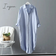 Ingvn - Woman Long Shirt Dress Cotton Korean Clothing White Boho Beach Big Maxi Blue Dresses Spring Summer Oversized Robe