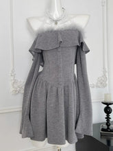 Korean Sweet Mini Dress Sexy Gray Off Shoulder Long Sleeves Lace-up A-Line Party Dresses Y2K Female One Piece Vestidos Mujer New