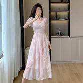 Elegant Fashion Casual Ruffle Midi Dresses for Women Summer New Korean Style Chic Short Sleeve Chiffon Pink Female Clothing
