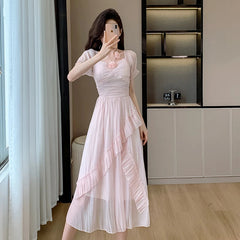 Elegant Fashion Casual Ruffle Midi Dresses for Women Summer New Korean Style Chic Short Sleeve Chiffon Pink Female Clothing