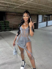 Ingvn - Dark Gray Hollow Out Mini Dress Sexy Drawstring Bandage Backless Summer Dresses for Women 2023 Birthday Party Clubwear