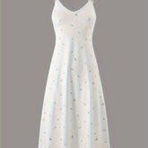 Womens Elegant Ditsy Floral Print Midi Slip Dress - Soft Micro Elasticity V Neck Backless Design, Comfortable Knit Fabric, Random Printing, Perfect for Home Wear All Seasons