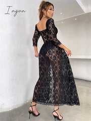 Ingvn - Hot Sale Boho Korean New Mature Woman Sexy Square Collar Lace Mesh Transparent High Waist Split Goddess Full Sleeve Long Dress Dresses 8P