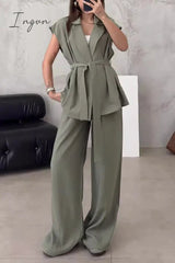 Ingvn - Casual British Style Solid Frenulum Turn-back Collar Sleeveless Two Pieces