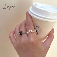 Kpop Vintage Trend Black Heart Open Adjustable Rings Pearl Beaded Ring for Women Aesthetic Jewelry Wedding Gifts Accessories