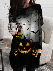 Ingvn - Women‘s Halloween Dress Casual Dress T Shirt Dress Tee Dress Shift Dress Mini Dress Black Long Sleeve Pumpkin Print Fall Winter Autumn Crew Neck Stylish Loose Fit 2023 XXS XS S M L XL 2XL 3XL 4XL 5XL