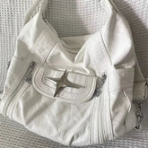 INGVN Y2k Large Capacity Shoulder Bag White Pu Leather Cross Handbag American Style Punk Goth Fashion Simple Designer Handbag