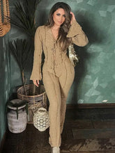 Ingvn - Fall 2 Pieces Set Tracksuits Women Clubwear Festival Outfit Turndown Neck Solid Long Flare Sleeve Crop Top And Pants