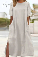Ingvn - Casual Simplicity Leopard Pocket Slit O Neck Short Sleeve Dresses