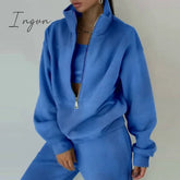 Ingvn - Women Fleece Two Piece Set Spring Winter Sports Warm Suit Casual Oversized Polo Zipper Sweatshirts And Trouser Tracksuits Set