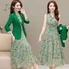 Ingvn - Spring Autumn New Suit Jacket Dress Two-piece Women's Elegant Blazers Floral Long Skirt Set Female Office Professional Wear
