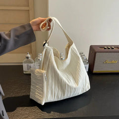 Ingvn Low-Key Pure White Women Ruched Shoulder Bag Exquisited Nylon Pretty Versatile Crossbody Leisure Commuter Composite Bag