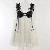 White Flower Lace Backless Dress For Women Summer Sleeveless Patchwork Loose Mini Dresses Elegant Party Vestidos
