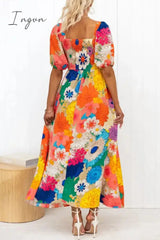 Ingvn - Sweet Elegant Floral Patchwork V Neck Printed Dress Dresses