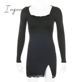 Ingvn - Women Winter Dress Women New Arrivals Sexy Long Sleeve Lace Split Black White Solid Party Dresses Vestidos