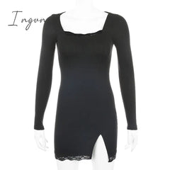 Ingvn - Women Winter Dress Women New Arrivals Sexy Long Sleeve Lace Split Black White Solid Party Dresses Vestidos
