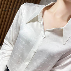 Ingvn - 2023 Spring And Summer New High-Eend Silk Letter Jacquard Shirt Women's Fashion Light Luxury Cardigan Top. Acetate Satin Finish