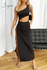 Sexy Solid Hollowed Out Slit Oblique Collar Irregular Dresses