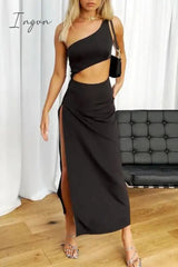 Sexy Solid Hollowed Out Slit Oblique Collar Irregular Dresses