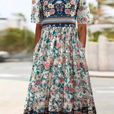 Plus Size Boho Charm - Vibrant Colorblock Floral Maxi Dress with Short Sleeves, Pockets & Flattering Round Neck - Medium Stretch for All-Day Comfort - Womens Plus