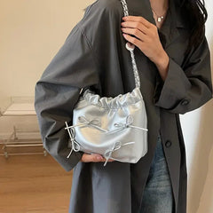 Ingvn New Cute Small Bow Tie Design Crossbody Bags for Women Y2K Style Silver Handbags Leather Crossbody Bag Party Purses