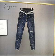 Ingvn - Hot Sales High Waist Jeans Women Beading Butterfly Fashion Ripped Jeans Casual Plus size Stretch Jeans Female Washed Denim Pencil Pants