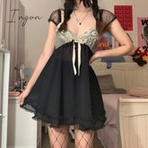 Ingvn - Summer Outfits Hot Sell Patchwork Lace Cute Y2K Chiffon Dresses Women Square Collar Elegant Grunge Fairycore Clothes Ruffles Short A Line Dress