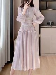 Elegant Party Tasseled with Diamonds Midi Dresses for Women Vintage Fashion New Ruffle Long Sleeve Slim Female Clothes Robe