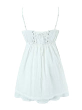 Summer Women Embroidery Spliced Bow White Sling Dress Sexy Sleeveless Back Lacing Up Ladies Holiday Party Mini Robe