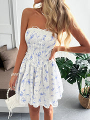Lace Up Back Strapless Floral Mini Dress