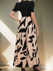 Chic Womens Two-Piece Pantsuit Set - Solid Color T-Shirt with Leaf Print Pants - Stylish Crew Neck & Flattering Wide Leg Design - Perfect Elegant Casual Outfit