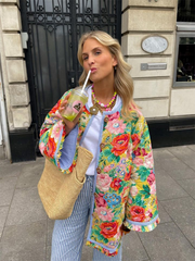 Vintage Print Thick Cotton Jacket Women Loose Flare Sleeve Autumn Winter Jacket Female Fashion O-Neck Ladies Outwear New