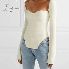 Ingvn - White Side Split Knitted Women's Sweater Square Collar Long Sleeve Sweaters Female Autumn Fashion New Clothes