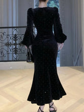 Elegant Velvet Black Mermaid Dress for Women Autumn Vintage Slim Solid Lantern Sleeve Dresses Fashion Evening Party Female Robe