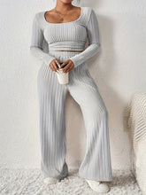 Casual Ribbed Solid Color Pants Set, Low Cut Neck Long Sleeve Crop Top & Elastic Waist Wide Leg Loose Pants, Women's Clothing