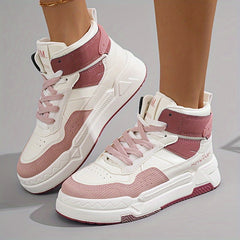 Trendy Women's High-Top Sneakers - Versatile White, Lace-Up Casual Shoes with Thick Sole, Breathable PU Cover & Comfort Fabric